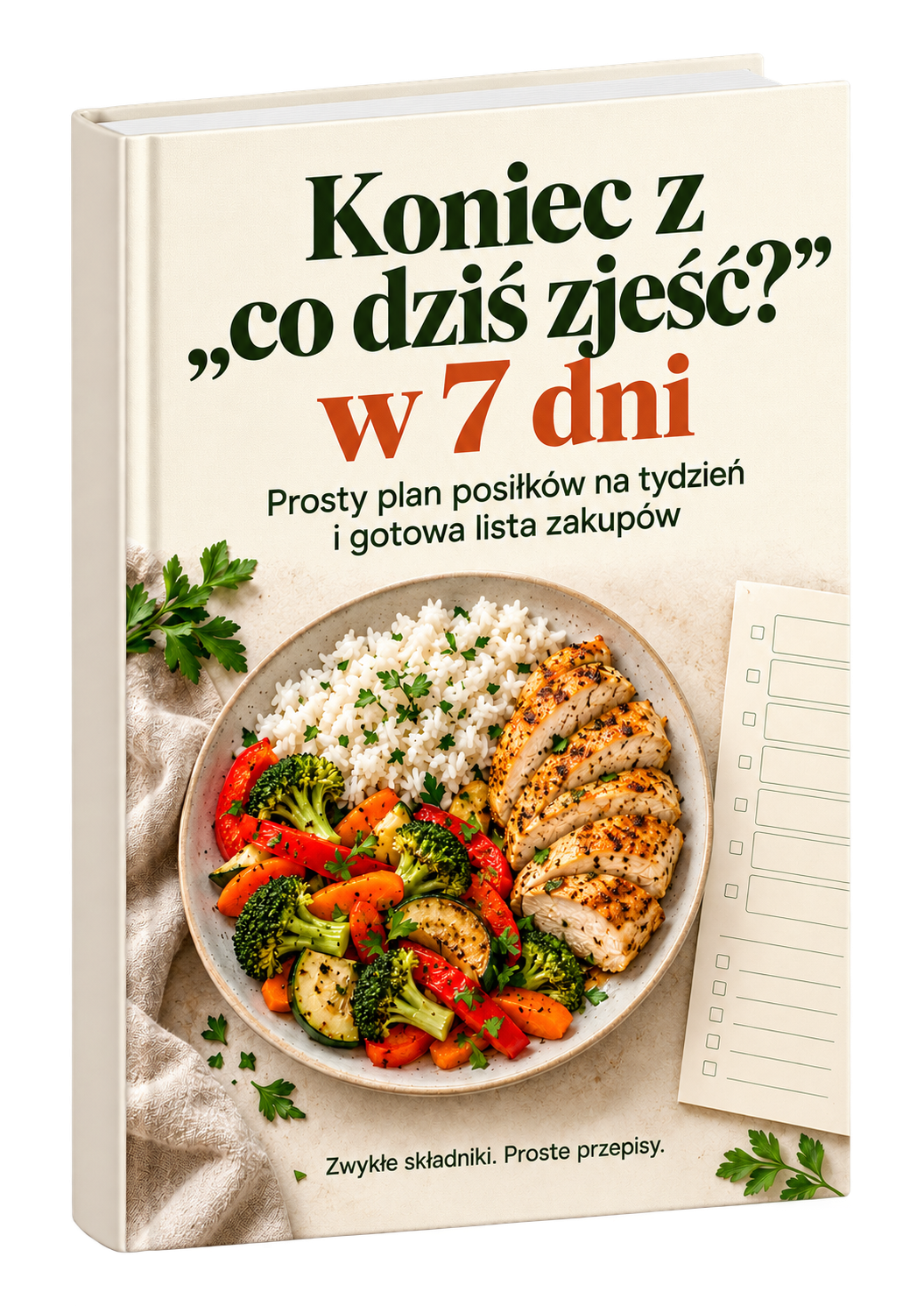 Okładka e-booka „Koniec z co dziś zjeść? w 7 dni” z talerzem warzyw, ryżu i kurczaka.